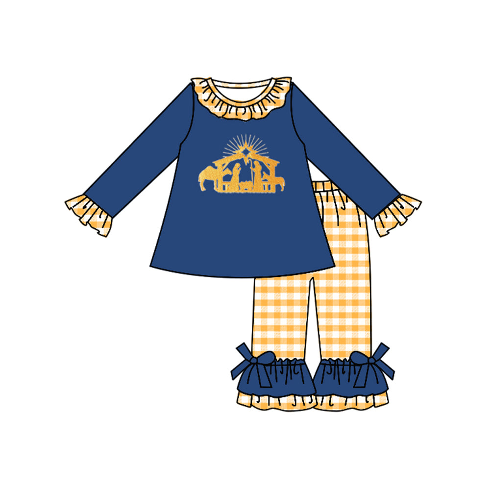 preorder GLP1393 The Nativity Story navy blue long sleeve yellow checkered pants girls set