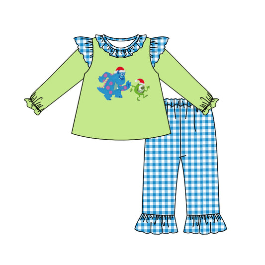 preorder GLP1394 Christmas monster green long sleeve blue checkered pants girls set