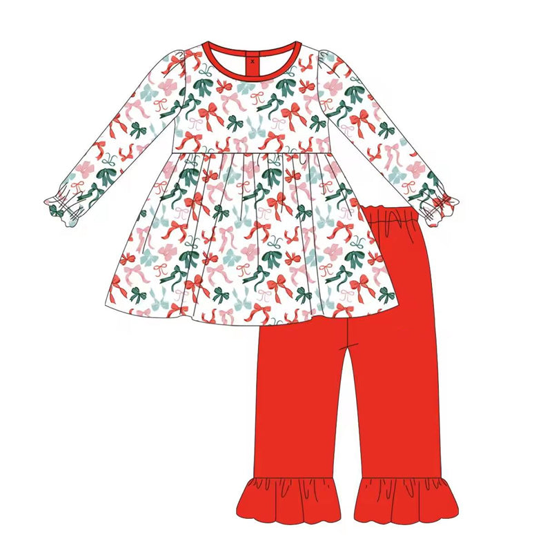 preorder GLP1396 Christmas red green bows long sleeve red pants girls set