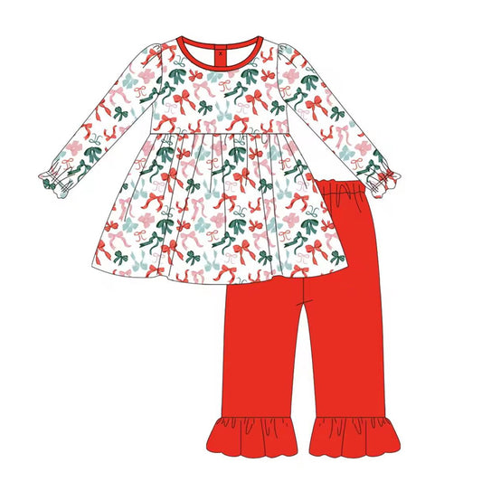 preorder GLP1396 Christmas red green bows long sleeve red pants girls set