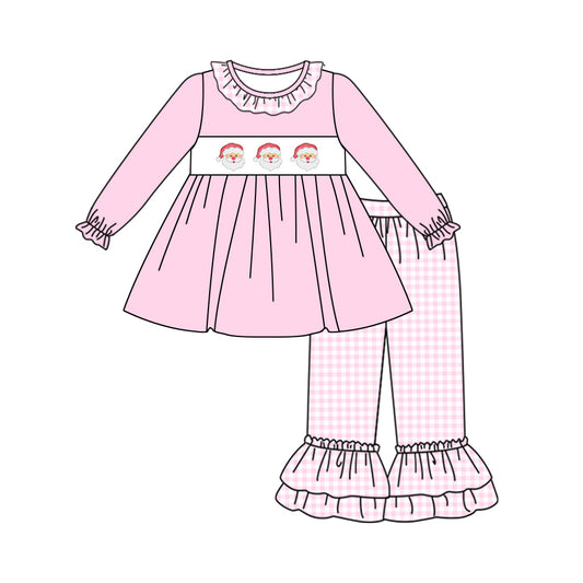 preorder GLP1398 Christmas Santa pink long sleeve pink checkered pants girls set