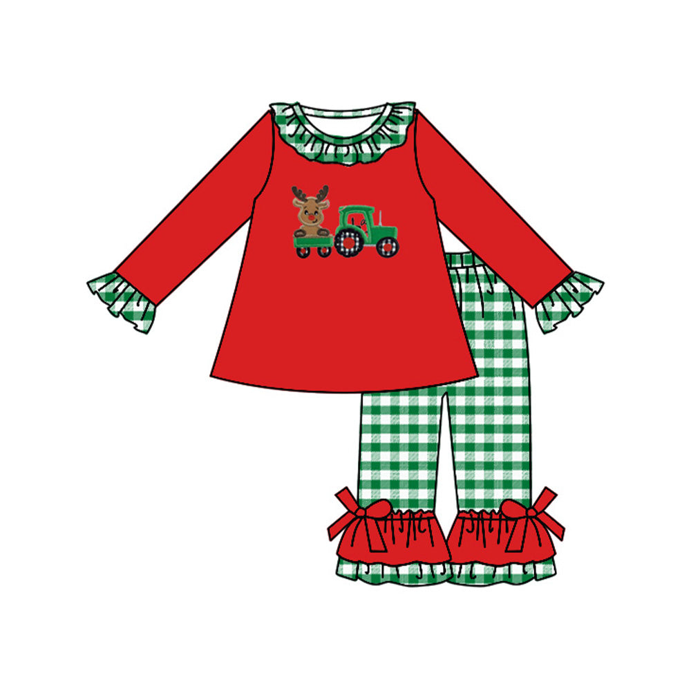 preorder GLP1404 Christmas deer truck red long sleeve green checkered pants girls set
