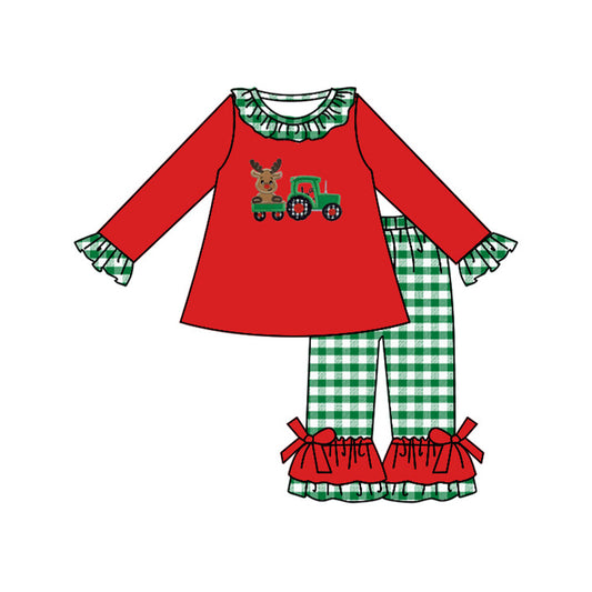 preorder GLP1404 Christmas deer truck red long sleeve green checkered pants girls set