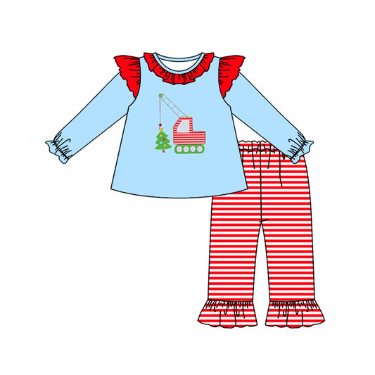 preorder GLP1405 Christmas tree construction truck red striped long sleeve red striped pants girls set
