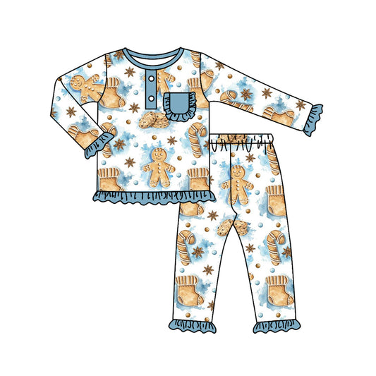 preorder GLP1413 Christmas gingerbread man blue long sleeve pants girls pajamas