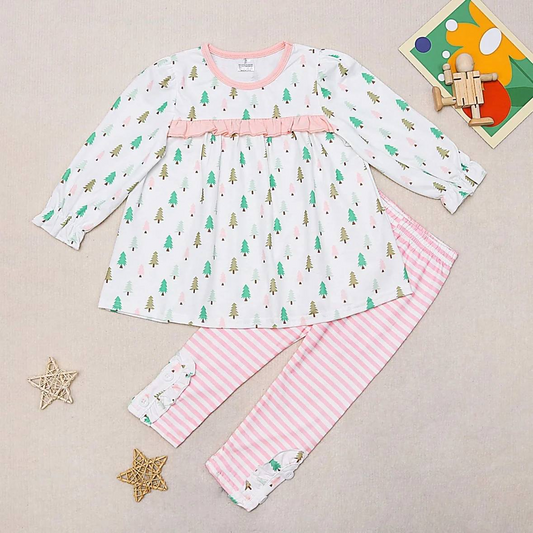 preorder GLP1417 Christmas pink green tree long sleeve pink striped pants girls set
