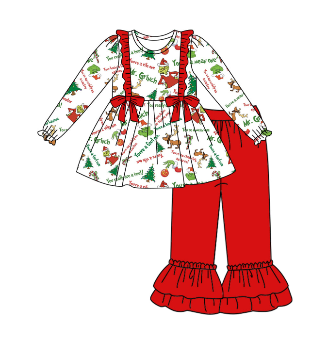 preorder GLP1418 Christmas green face tree long sleeve red pants girls set