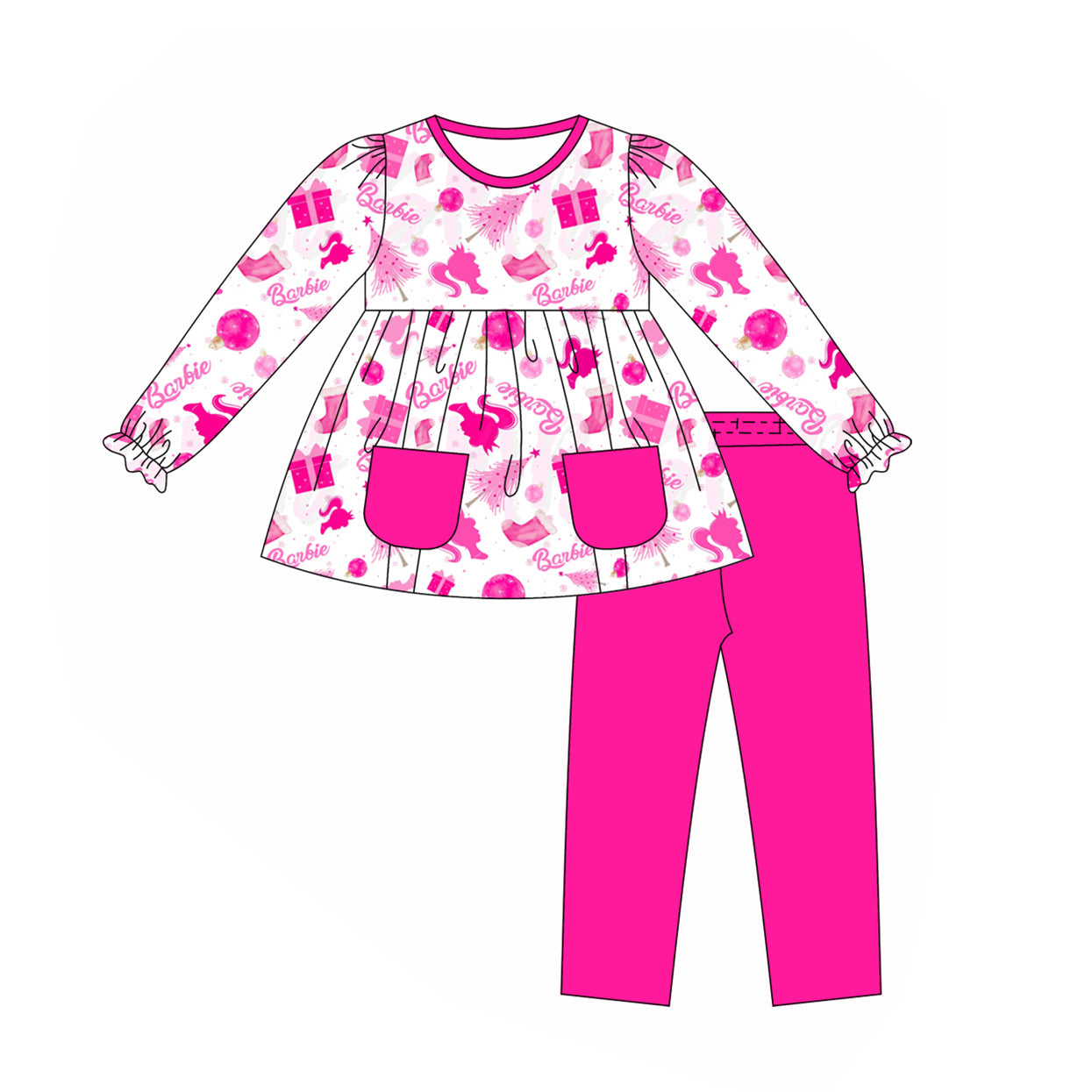 preorder GLP1431 cartoon BA hot pink pockets long sleeve pants girls set