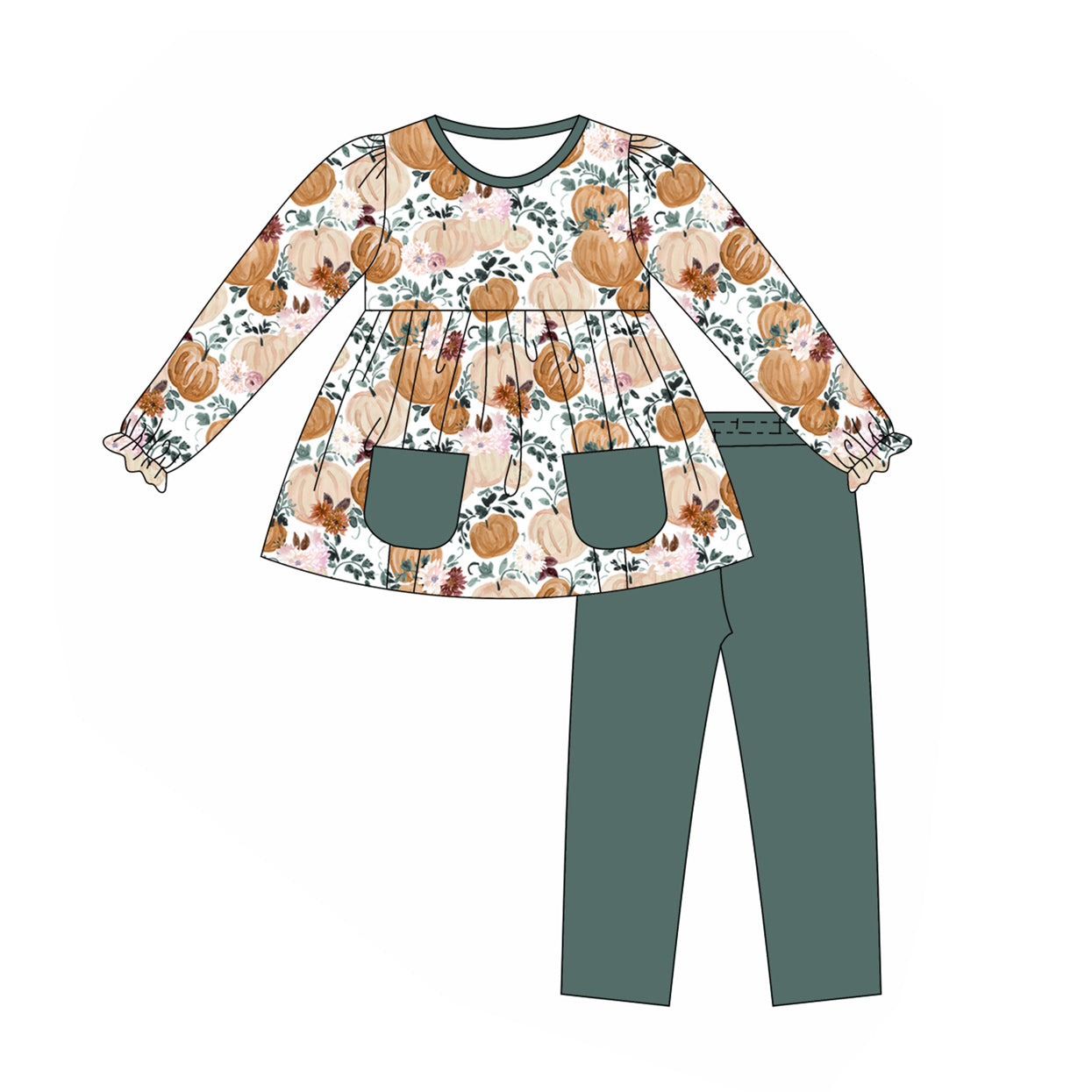preorder GLP1432 Autumn fall pumpkin flowers pockets long sleeve dark green pants girls set