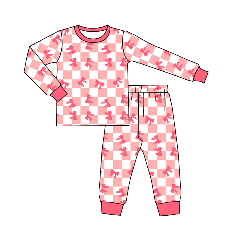 preorder GLP1433 pink bows checkered long sleeve pants girls pajamas