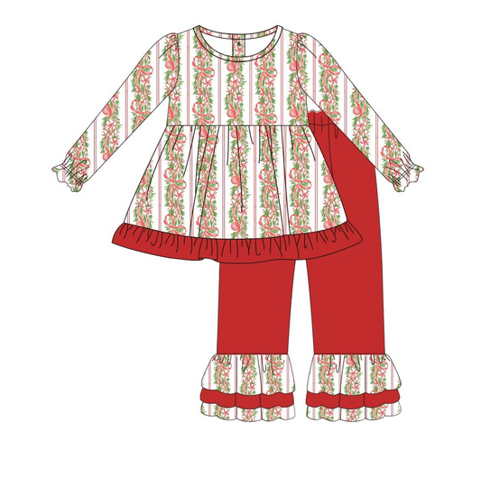 preorder GLP1437 Christmas red bows long sleeve red pants girls set