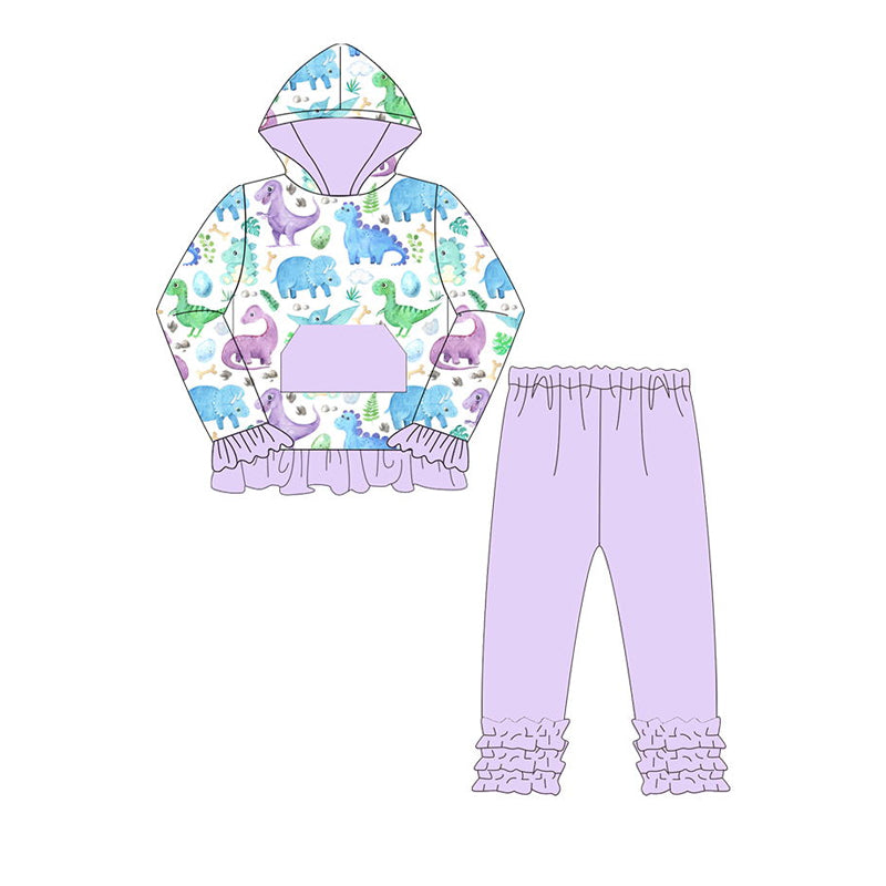 preorder GLP1441 colorful dinosaur pocket long sleeve hoodie purple pants girls set