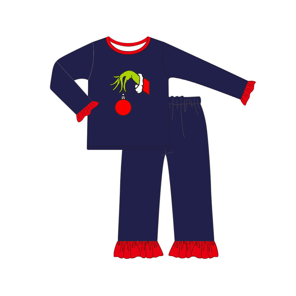 preorder GLP1450 Christmas green face navy blue long sleeve pants girls pajamas
