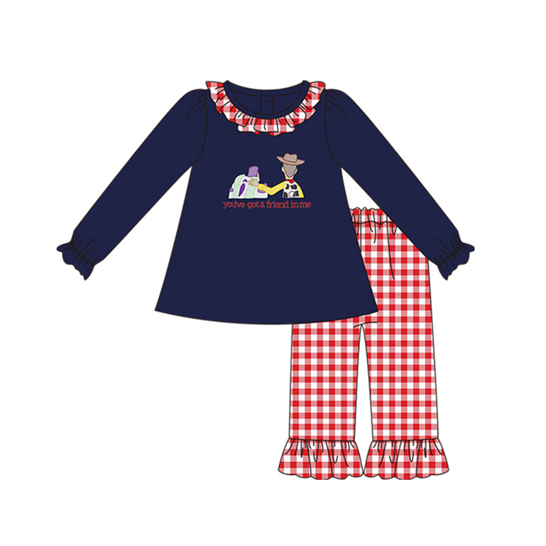 preorder GLP1451 cartoon toy navy blue long sleeve red checkered pants girls set