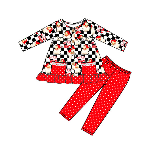 preorder GLP1452 Christmas Santa black checkered long sleeve red pants girls set