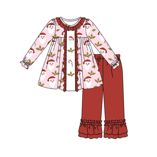 preorder GLP1454 Christmas Holly Berry Santa cane candy long sleeve red pants girls set