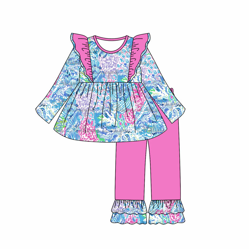 Preorder GLP1468 colorful flowers blue print long sleeve hot pink pants girls set