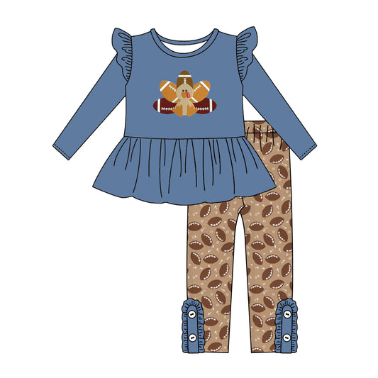 Preorder GLP1470 Thanksgiving turkey football blue long sleeve pants girls set