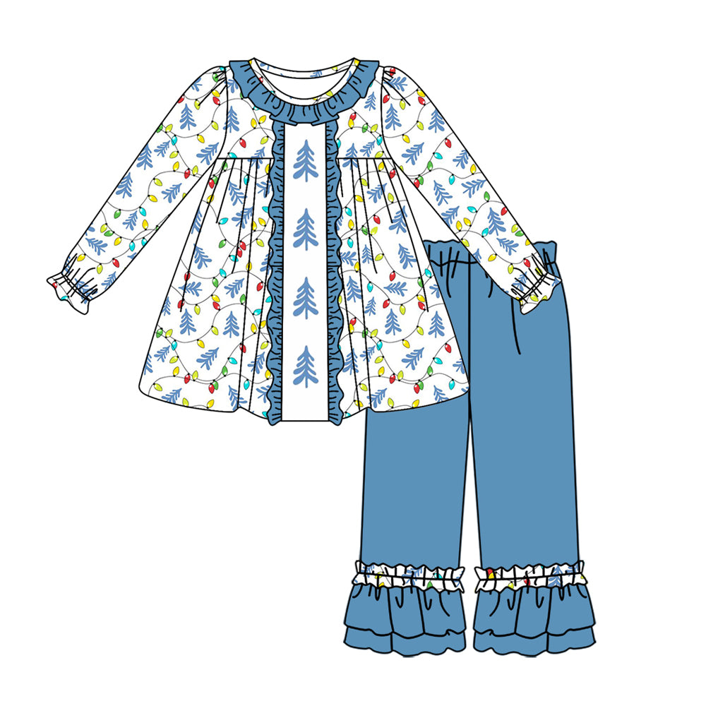Preorder GLP1472 Christmas tree light long sleeve blue pants girls set