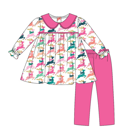 Preorder GLP1473 Christmas colorful deer long sleeve hot pink pants girls set