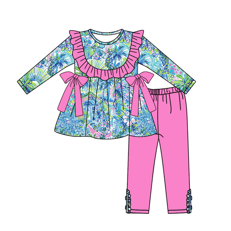 Preorder GLP1480 colorful house flowers blue long sleeve hot pink pants girls set