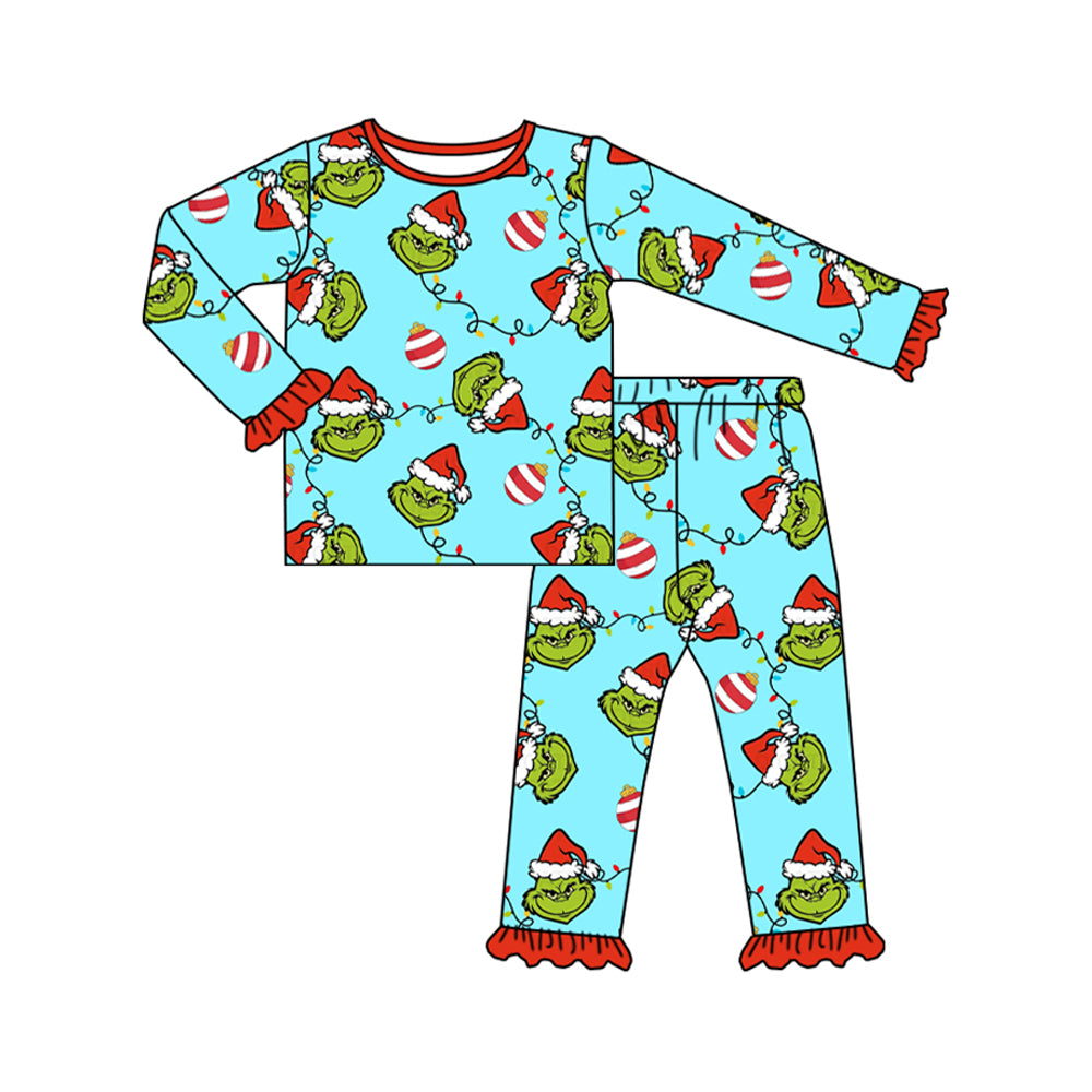 Preorder GLP1489 Christmas green face light blue long sleeve pants girls pajamas