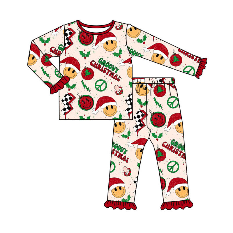 Preorder GLP1491 Christmas smile hat red long sleeve pants girls pajamas