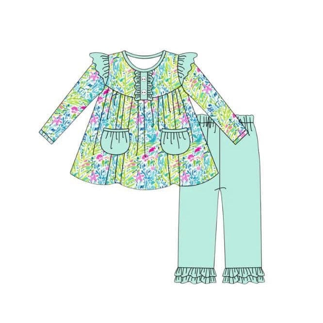 preorder GLP1494 colorful flowers green pockets long sleeve green pants girls set