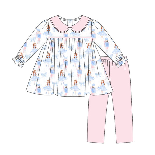 preorder GLP1512 Christmas blue bows dance girl soldier long sleeve pink pants girls set