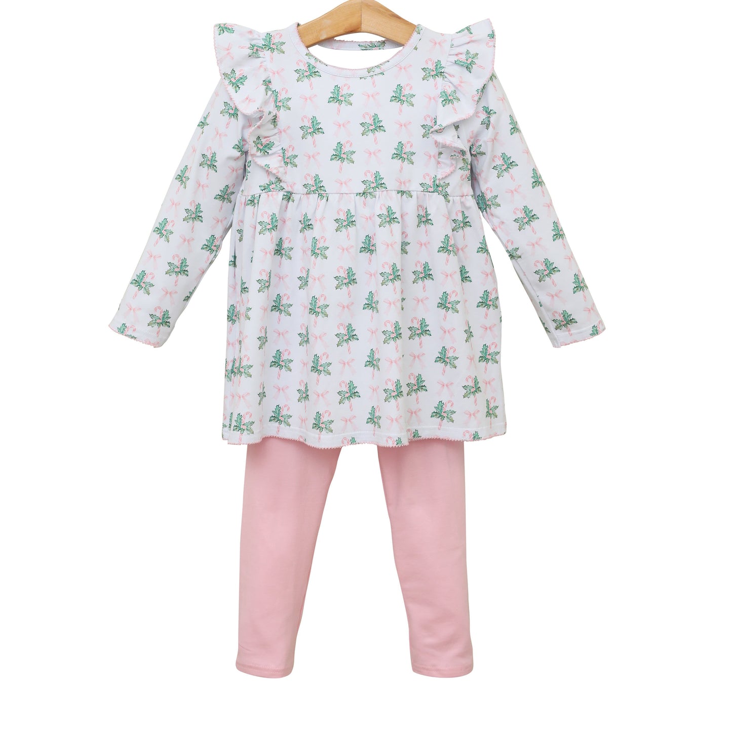 preorder GLP1530 Christmas Holly Berry cane candy pink bows long sleeve pants girls set