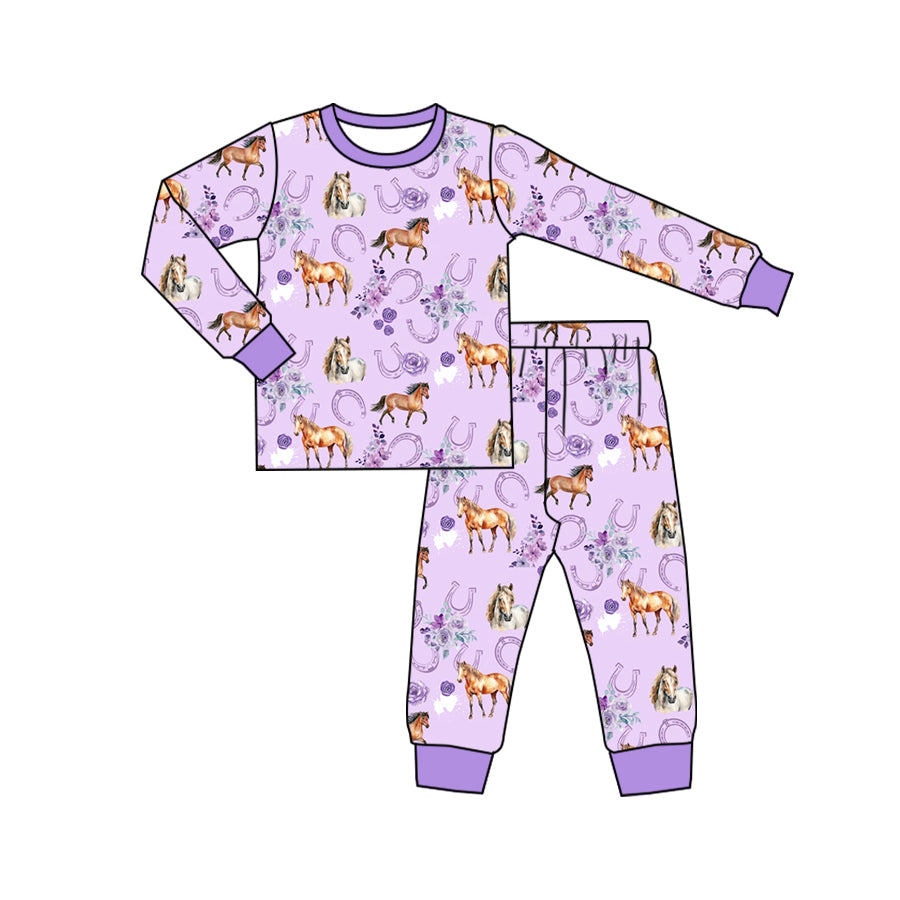 preorder GLP1567 Western horse flowers purple long sleeve pants girls pajamas