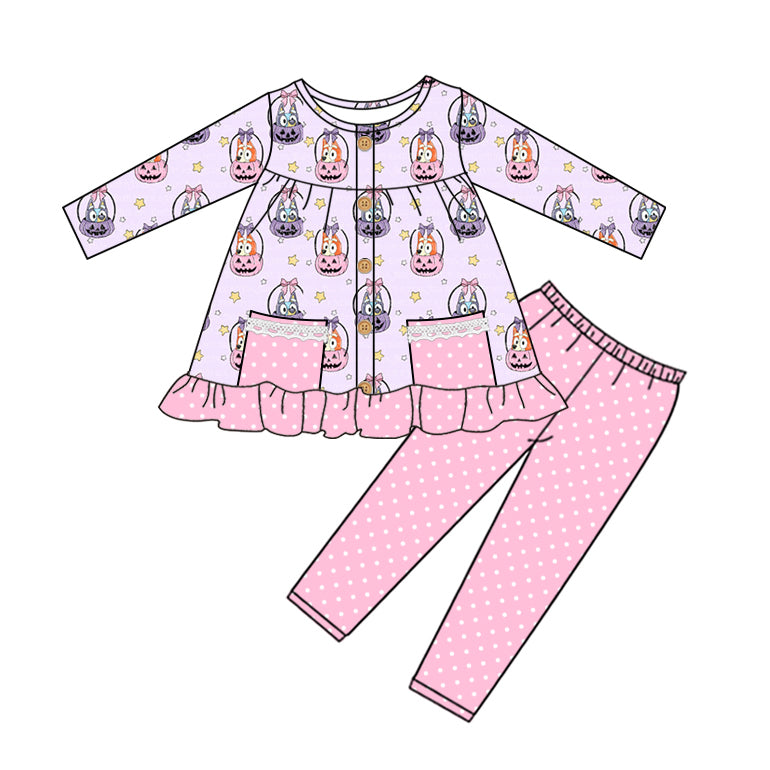 preorder GLP1592 Halloween blue dog pumpkin purple pockets long sleeve pink dot pants girls set