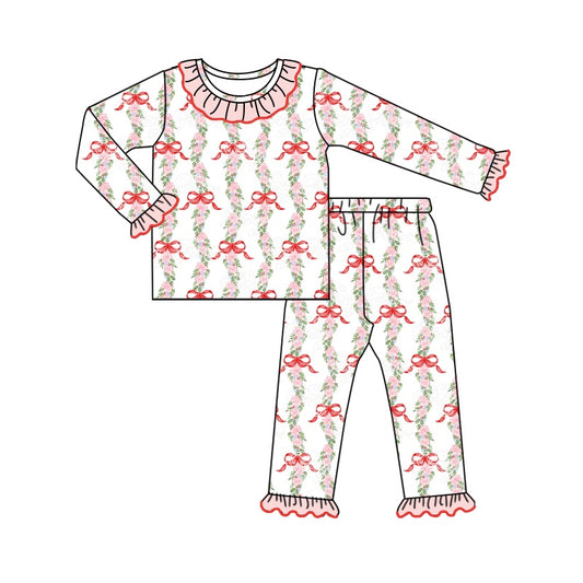 preorder GLP1631 Christmas red bows flowers long sleeve pants girls pajamas