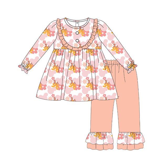 preorder GLP1632 cartoon M flowers long sleeve orange pants girls set