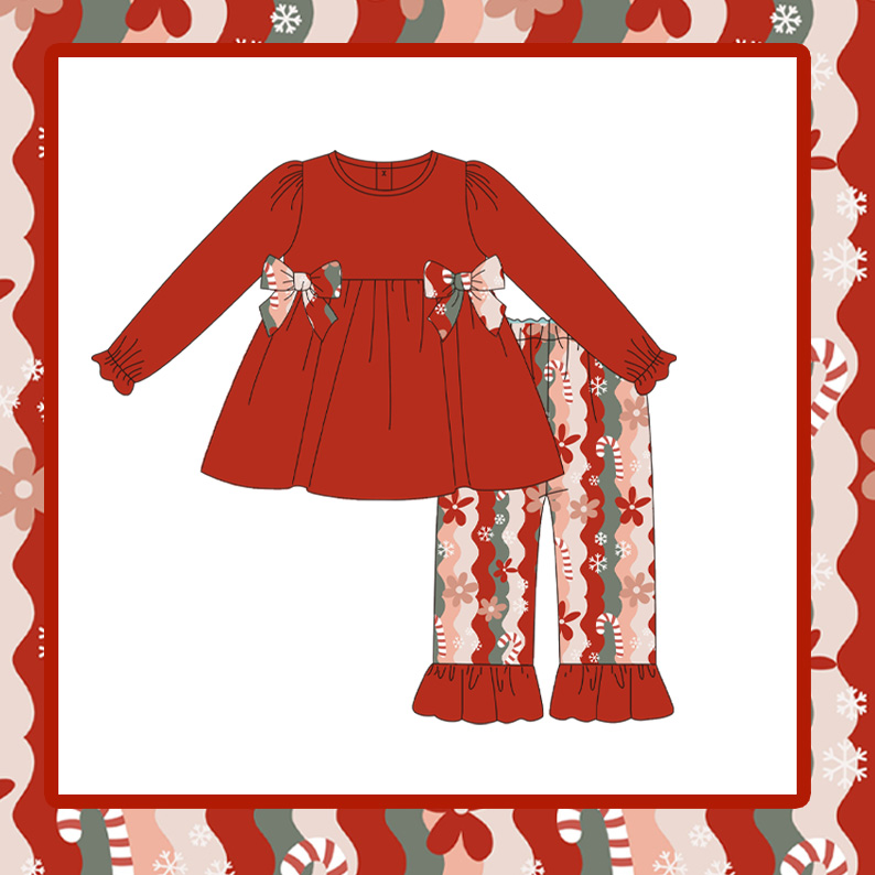 preorder GLP1642 Christmas red bows long sleeve striped flowers pants girls set