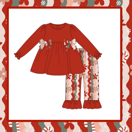 preorder GLP1642 Christmas red bows long sleeve striped flowers pants girls set