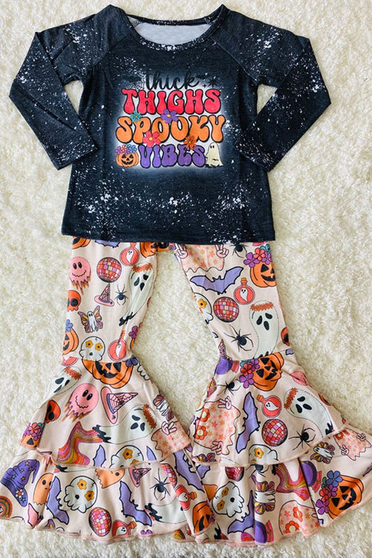 preorder GLP1650 Halloween thighs spooky vibes black long sleeve pumpkin pants girls set