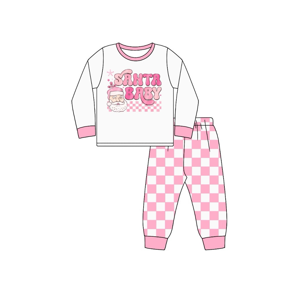 preorder GLP1660 Christmas Santa baby long sleeve pink checkered pants girls set