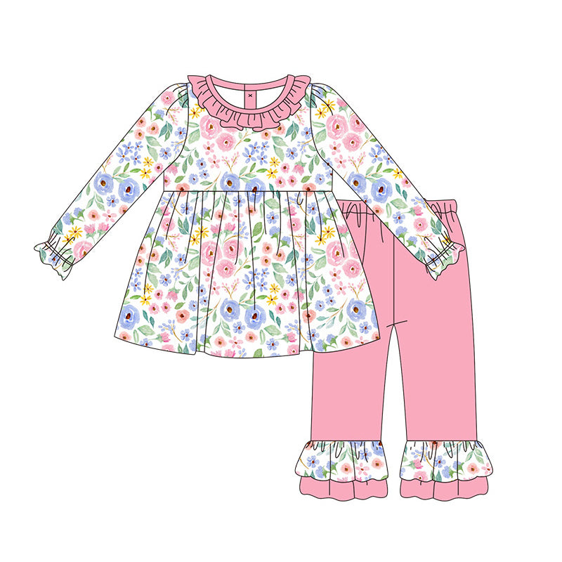 preorder GLP1673 colorful flowers long sleeve pink pants girls set