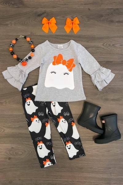 preorder GLP1675 Halloween spooky grey long sleeve black pants girls set