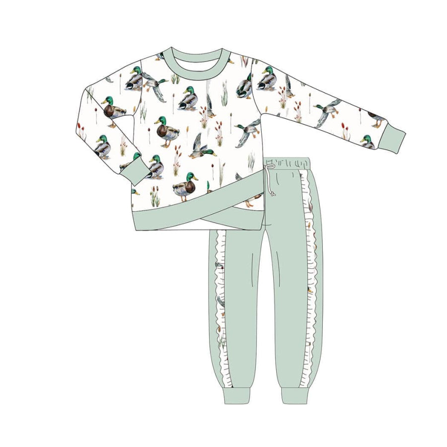 preorder GLP1676 mallard duck long sleeve green pants girls set