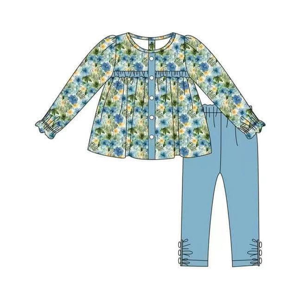 preorder GLP1679 blue flowers long sleeve blue pants girls set