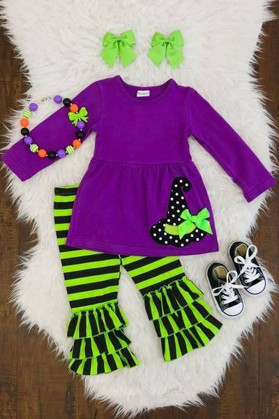 preorder GLP1681 Halloween hat purple green black striped pants girls set