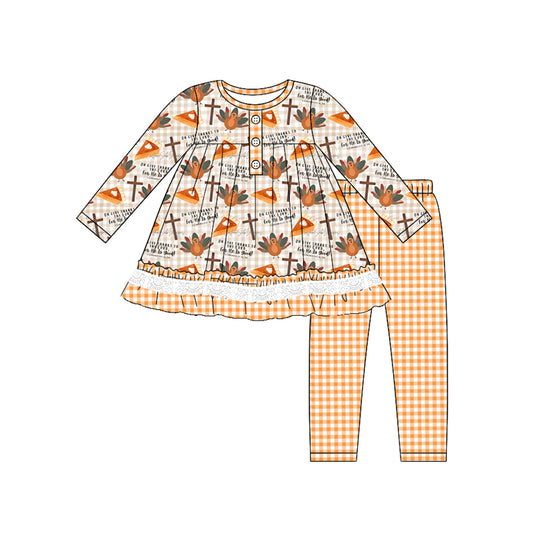 preorder GLP1683 Thanksgiving turkey pie long sleeve orange checkered pants girls set