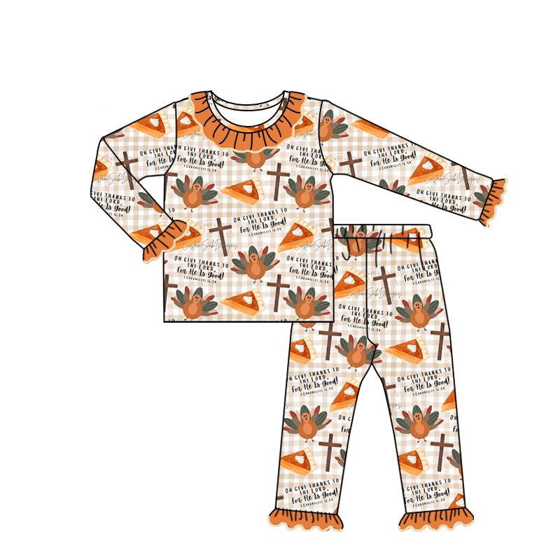 preorder GLP1686 Thanksgiving turkey pie long sleeve orange checkered pants girls pajamas