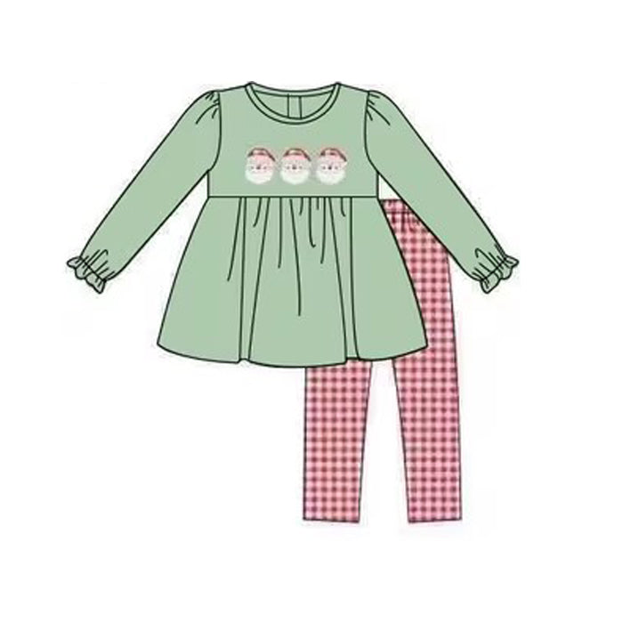 preorder GLP1687 Christmas Santa green long sleeve red checkered pants girls set