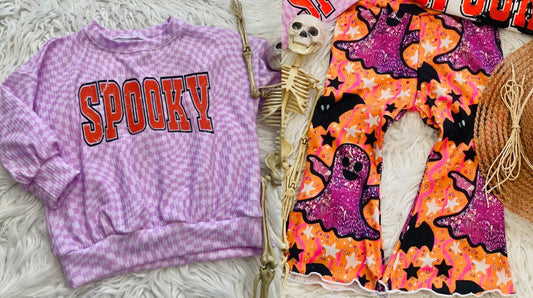 preorder GLP1691 Halloween spooky purple checkered long sleeve orange bat pants girls set