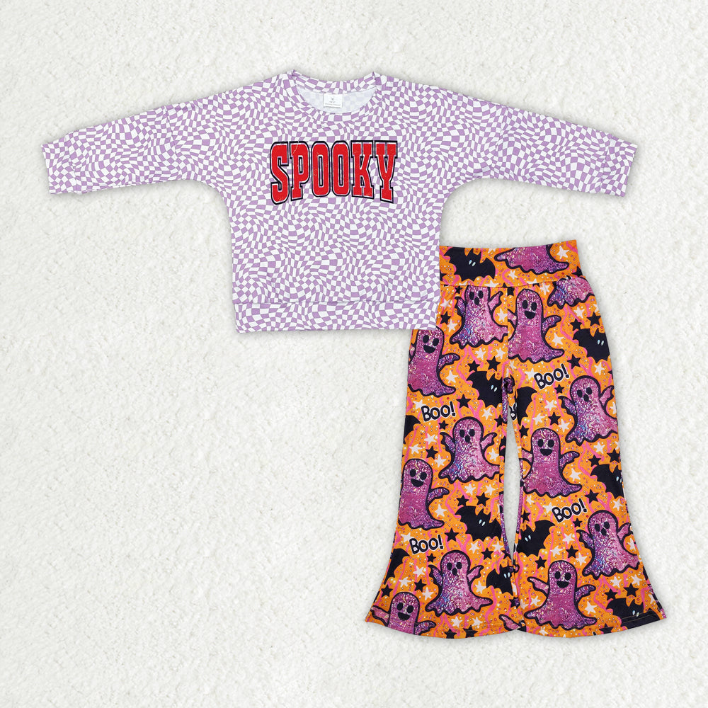 GLP1691 Halloween spooky purple checkered long sleeve bat orange pants girls set