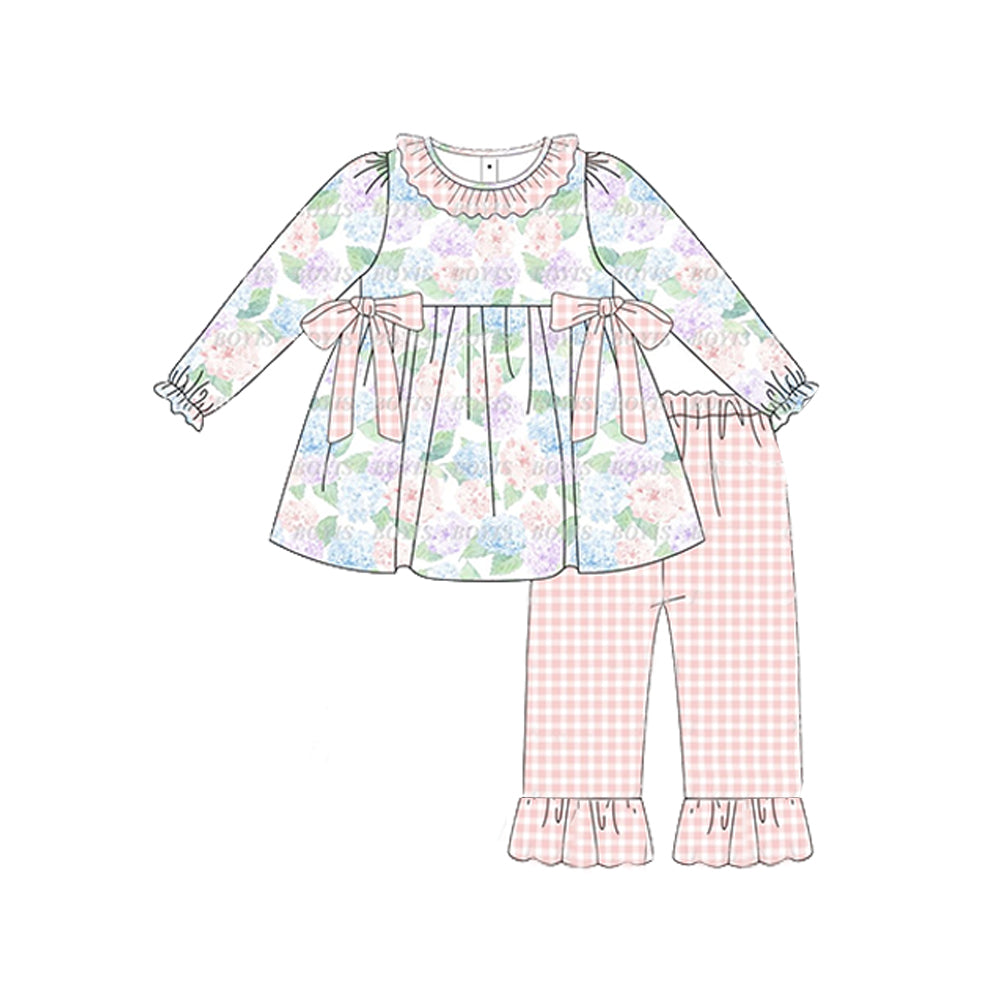 preorder GLP1703 colorful flowers long sleeve pink checkered pants girls set