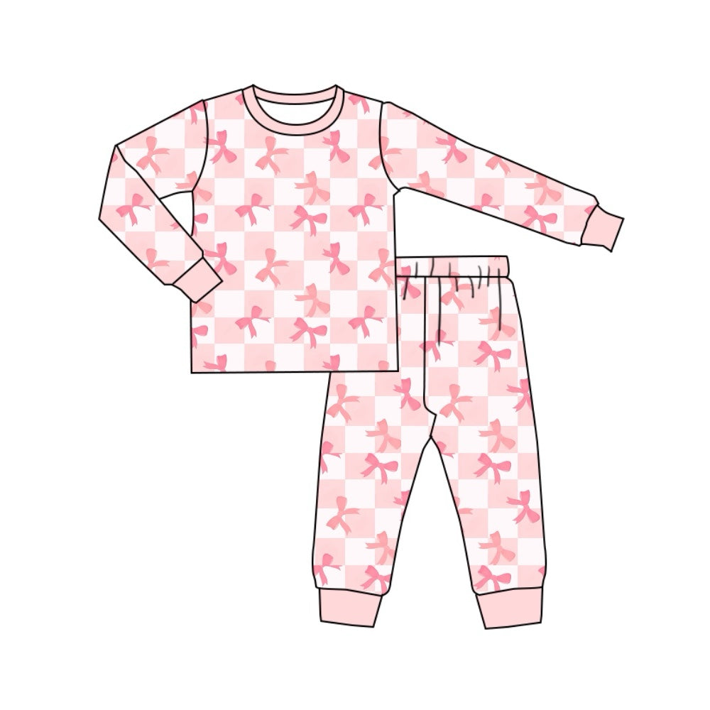 preorder GLP1709 pink bows checkered long sleeve pants girls pajamas